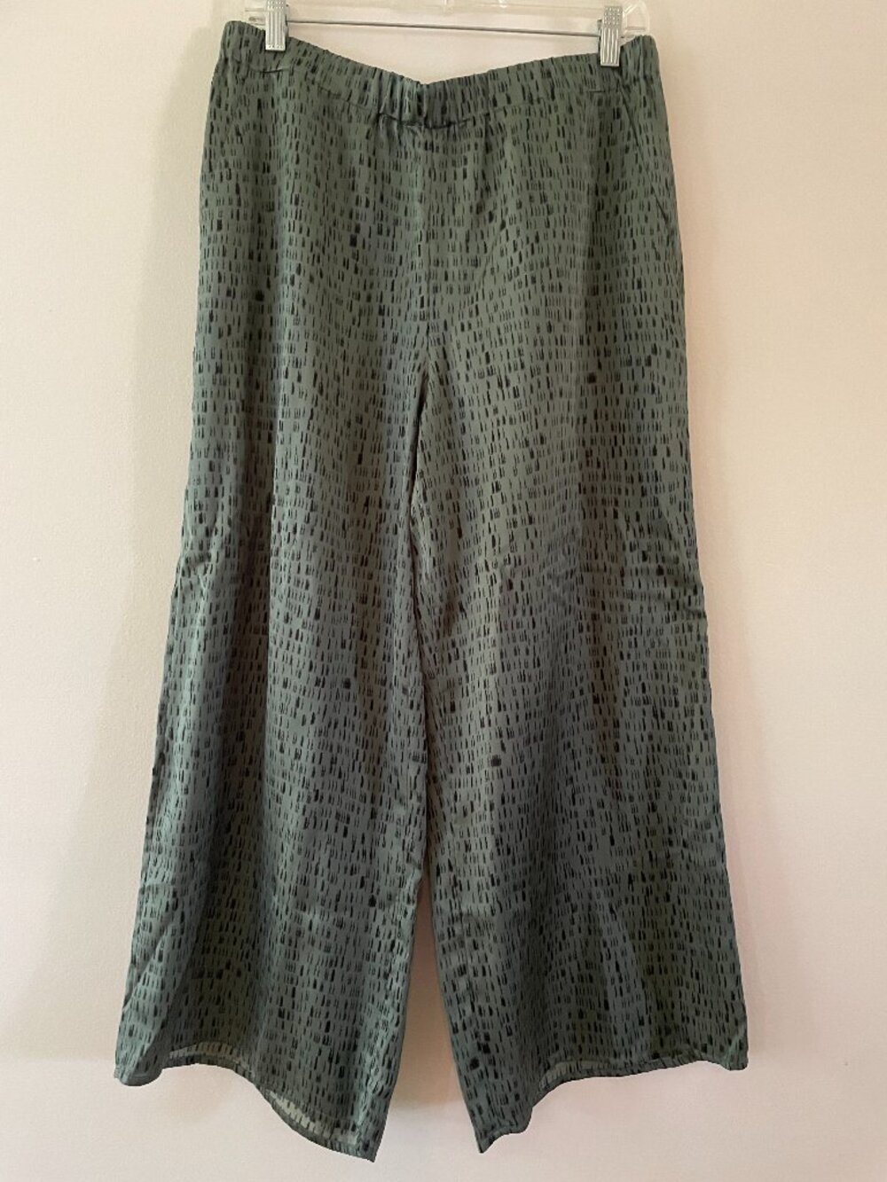 Eileen Fisher Silk Wide Leg Pant Elastic Waist M Green Black Sage